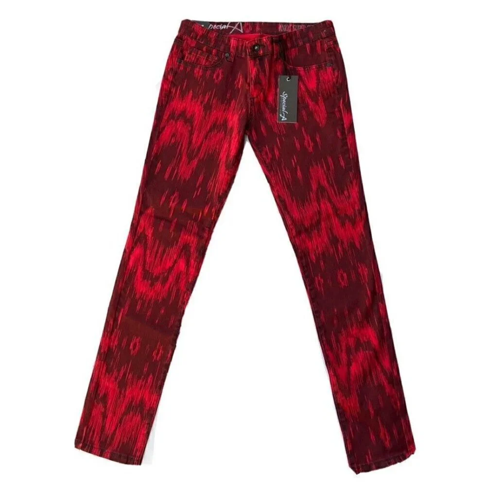 Special A Juniors Red Print Denim Skinny Slim Jeans - Picture 6 of 9
